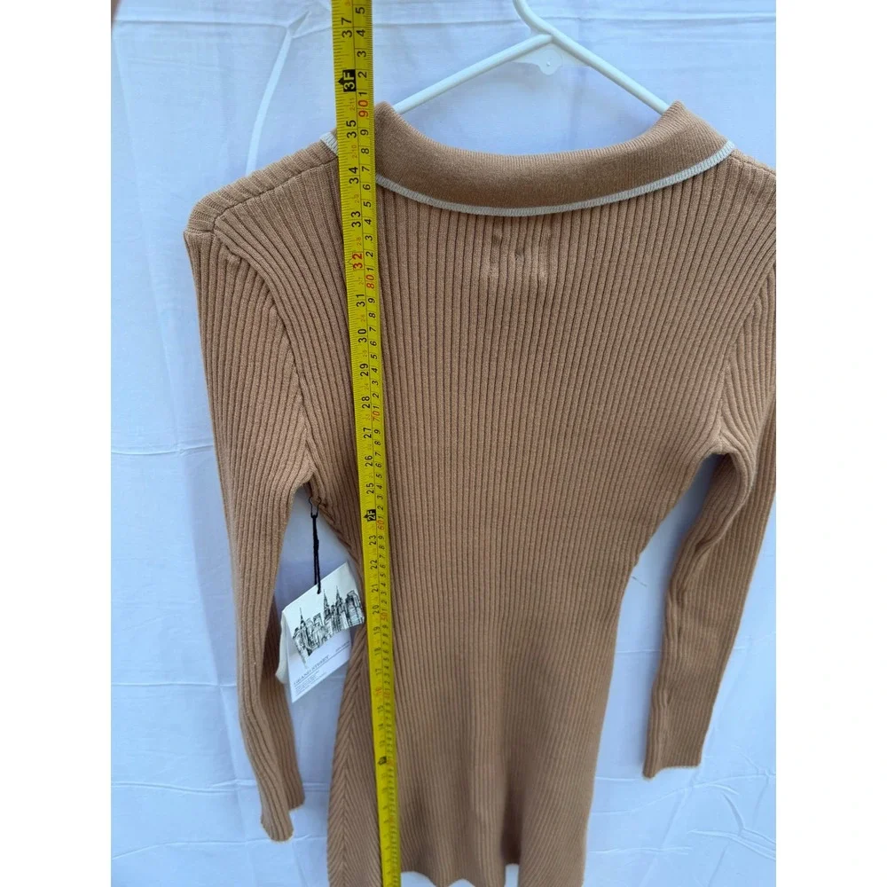 Grand Street Studios Camel Ribbed Knit Rhinestone Button Polo Mini Dress M NEW